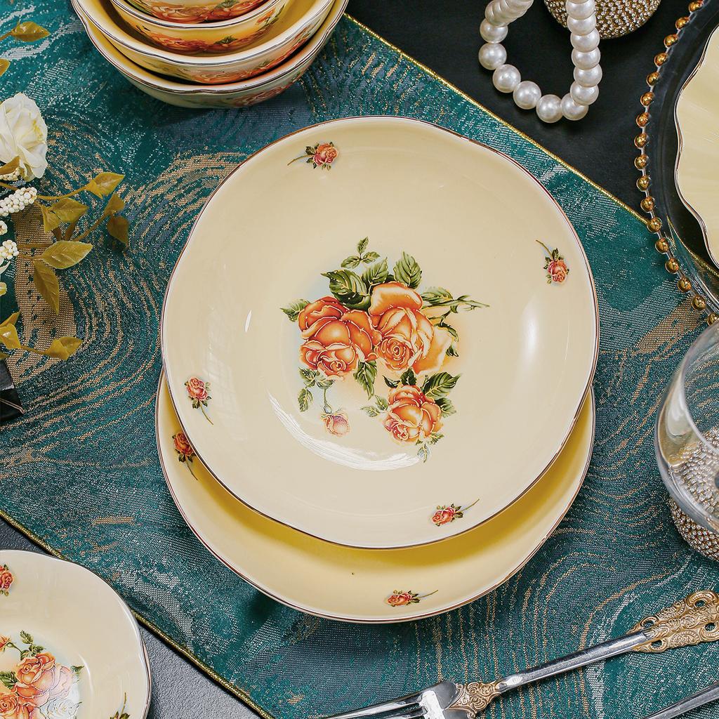 2 шт. Элегантная керамическая сервировочная тарелка в европейском стиле - Золотая отделка и узор из роз, Универсальная для стейка, пасты, супа, салата, фруктов