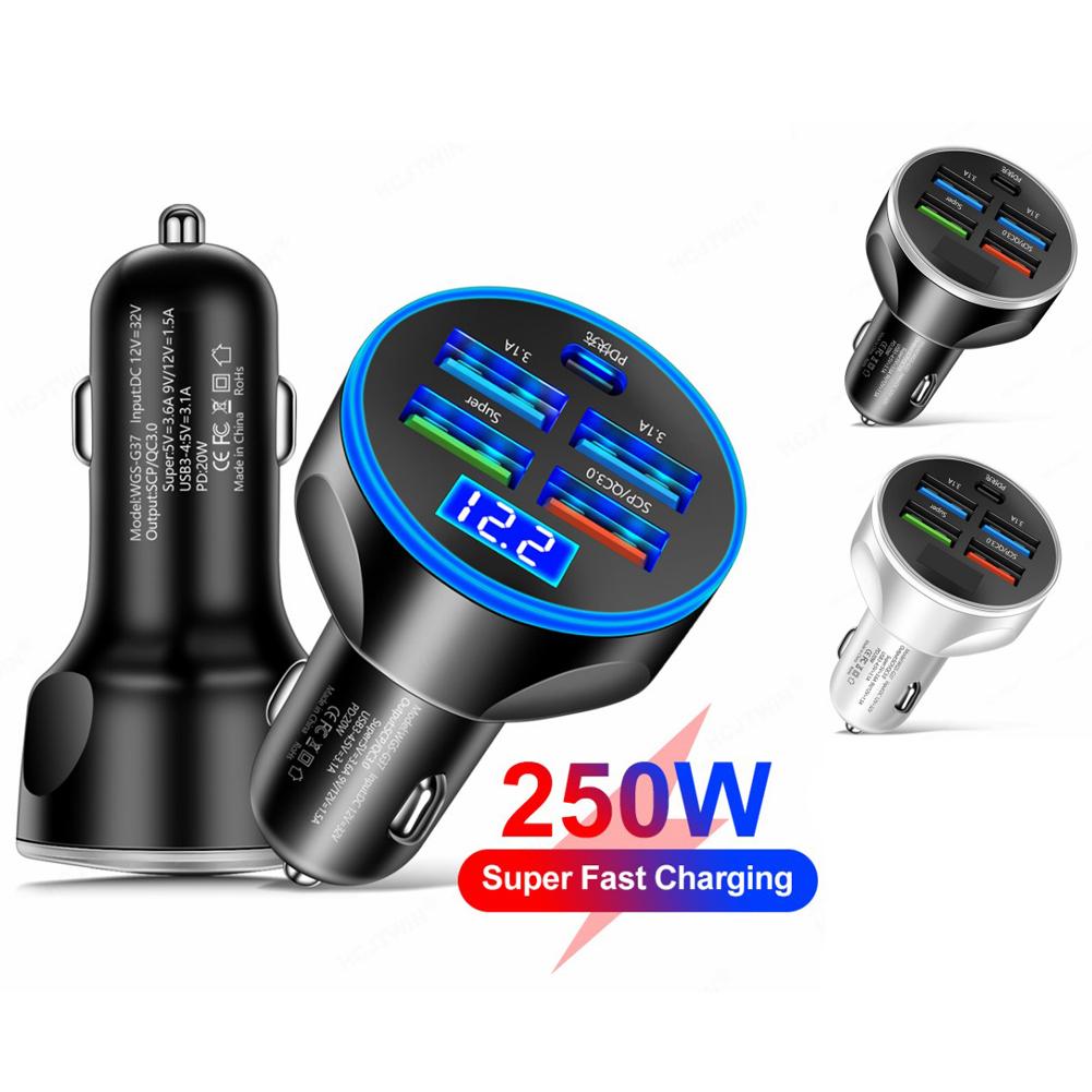 5 Ports USB Car Charger Type C Fast Charging 250W PD QC3.0 Super Charger Adapter in Car for iPhone Samsung for Huawei Xiaomi