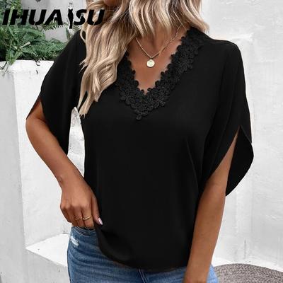 Женская летняя однотонная кружевная блузка свободного кроя с V-образным вырезом и расклешенными рукавами