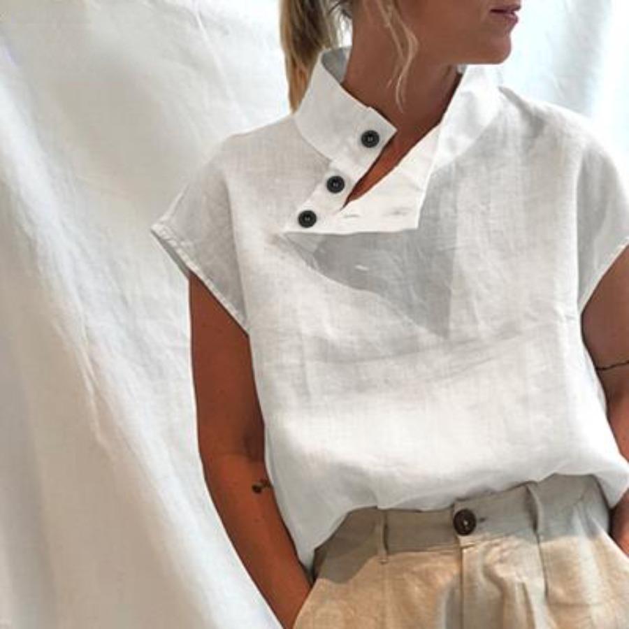 Womens Casual Blouse Summer Side Button Cotton Blouse Solid Color Short Sleeve Linen Tops Casual Ladies Breathable Shirt