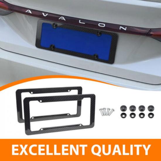 2Carbon Fiber Black License Plate Frame Tag Cover & Screw Caps Auto Accessories