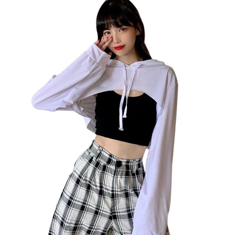 Женские однотонные повседневные футболки с длинными рукавами и пупком нерегулярной формы с капюшоном, толстовки