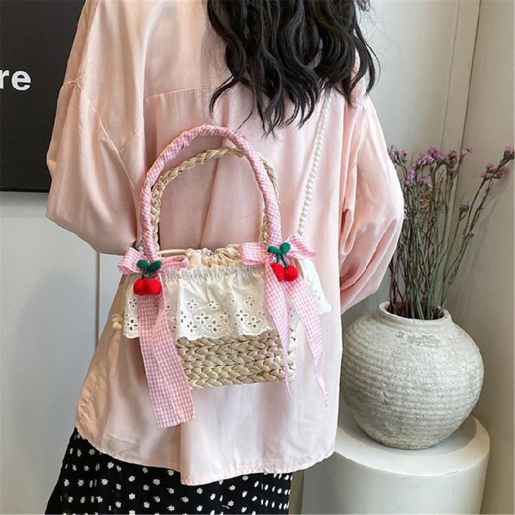 Cute Bowknot Woven Straw Handbag Beach Ruffle Lace Pearl Chain Crossbody Bag