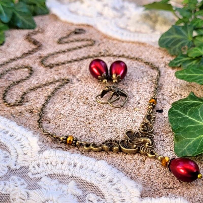 Набор из 3 предметов: винтажные серьги-подвески в форме капли с цветочным узором, из металла цвета бургунди и античной бронзы, с искусственным цирконом