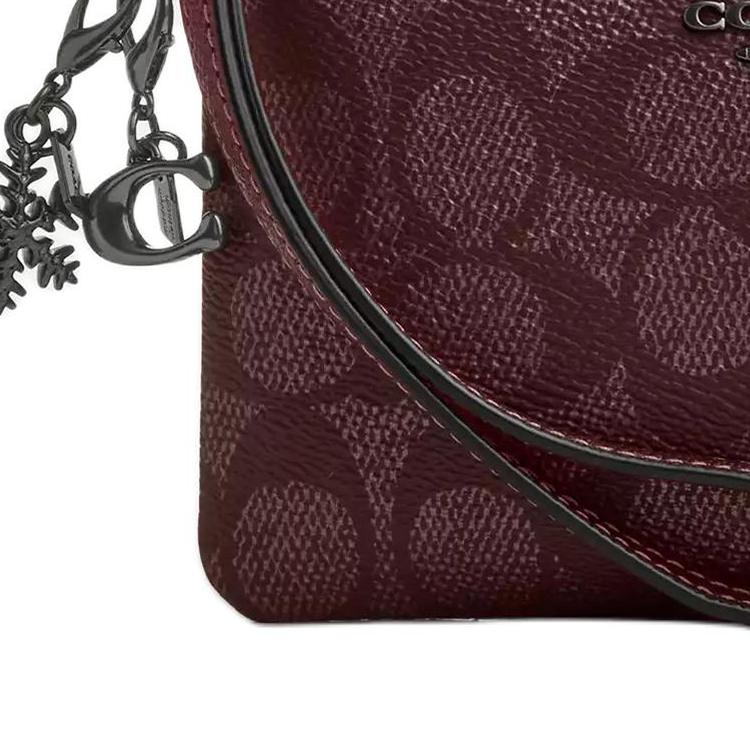 Coach Бордовый Signature Canvas Кошелек-клатч на молнии с подвеской-снежинкой и ремешком на запястье для повседневного и праздничного использования