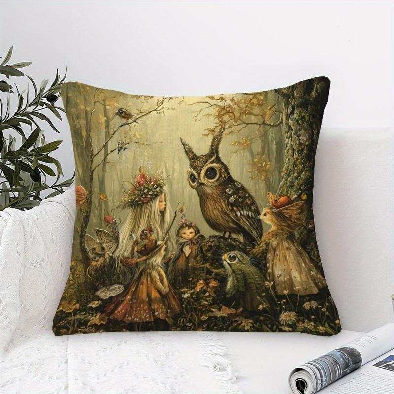 Vikama Enchanted Forest Folk-Style Pillowcase Whimsical Owl Autumn Scenery Decorative Sofa Cover Cushion Case