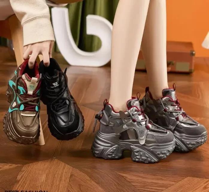 Fashion 9CM Microfiber Leather Women Chunky Sneakers Platform Wedge Loafer Flats Winter Autumn Warm Vulcanize Loafer Mixed Color Shoes