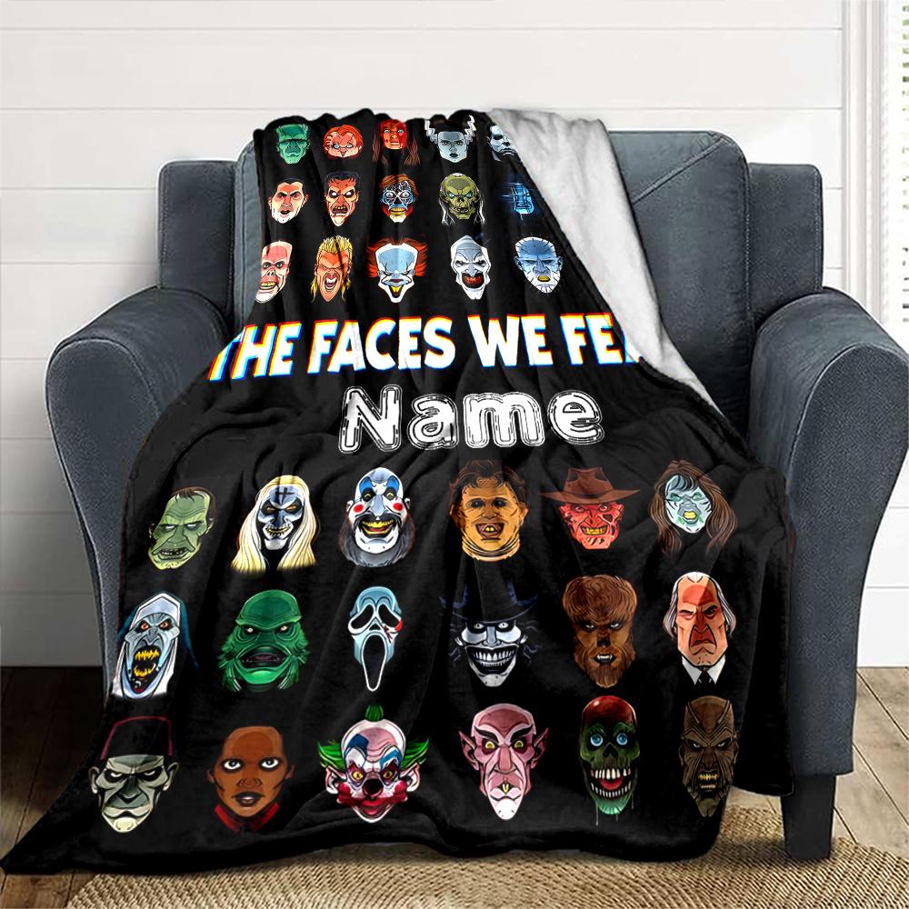 Halloween Monsters Horror Faces Customized Your Name Blanket Lightweight And Comfortable Warm Blanket Suitable For Bed Home Chair Office Sofa Camping