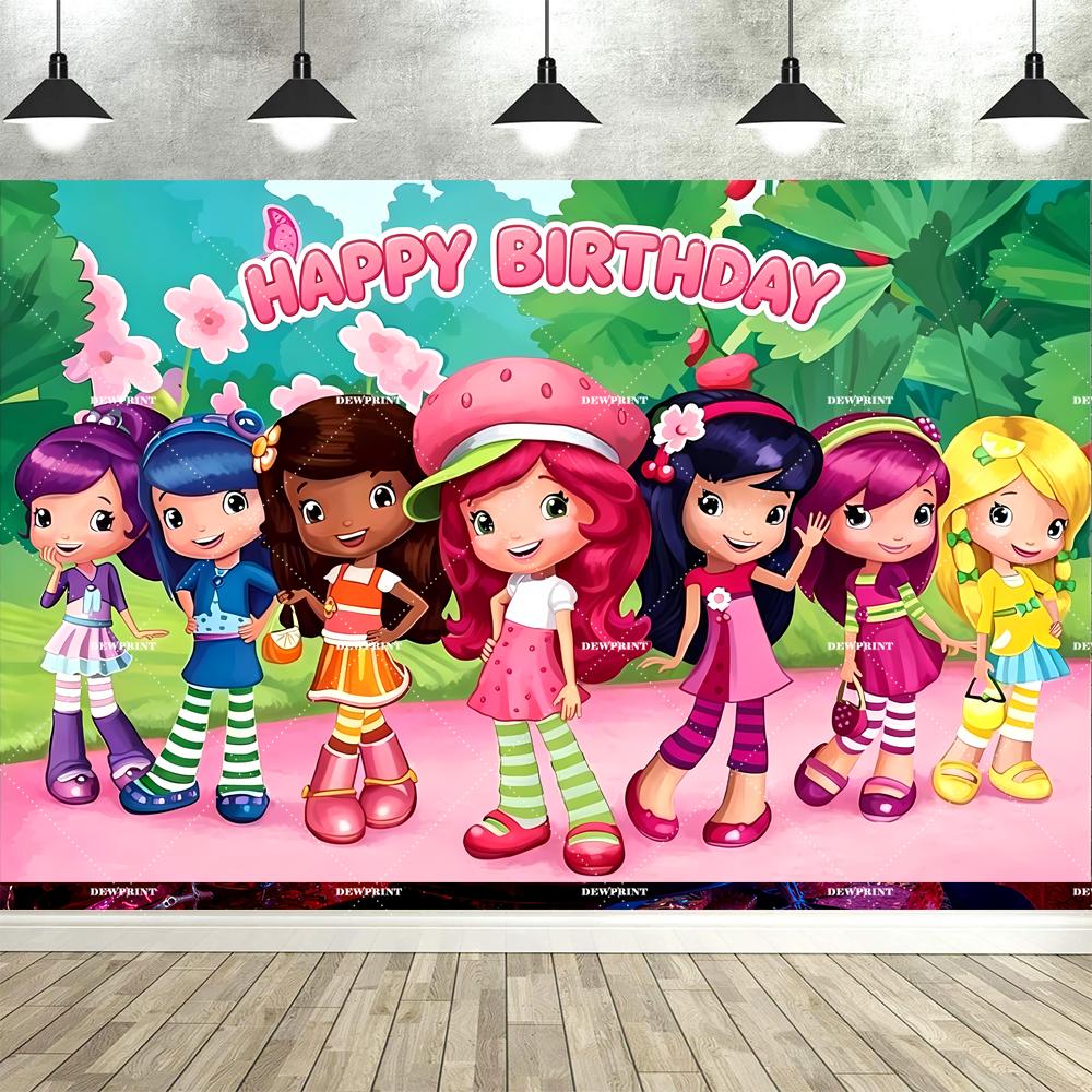 Dewprint Strawberry Girl Birthday Party Backdrop Cartoon Pink Shortcake-Themed Party Decoration Supplies Birthday Party Banner690