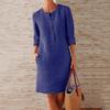 Plus Size Women Long Sleeve Ruched Dress with Pockets Cotton Linen Blend Casual Party Knee Length O Neck Solid Color Dress