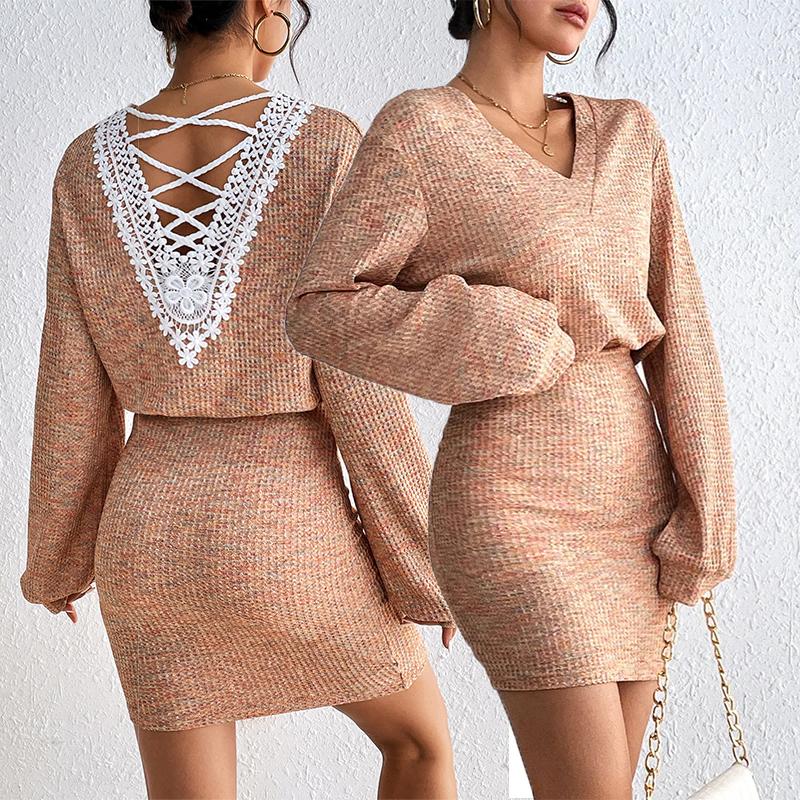 Женские платья с V-образным вырезом, кружевное облегающее платье в стиле пэчворк, женское длинное сексуальное облегающее платье с открытой спиной, облегающее женское мини-платье