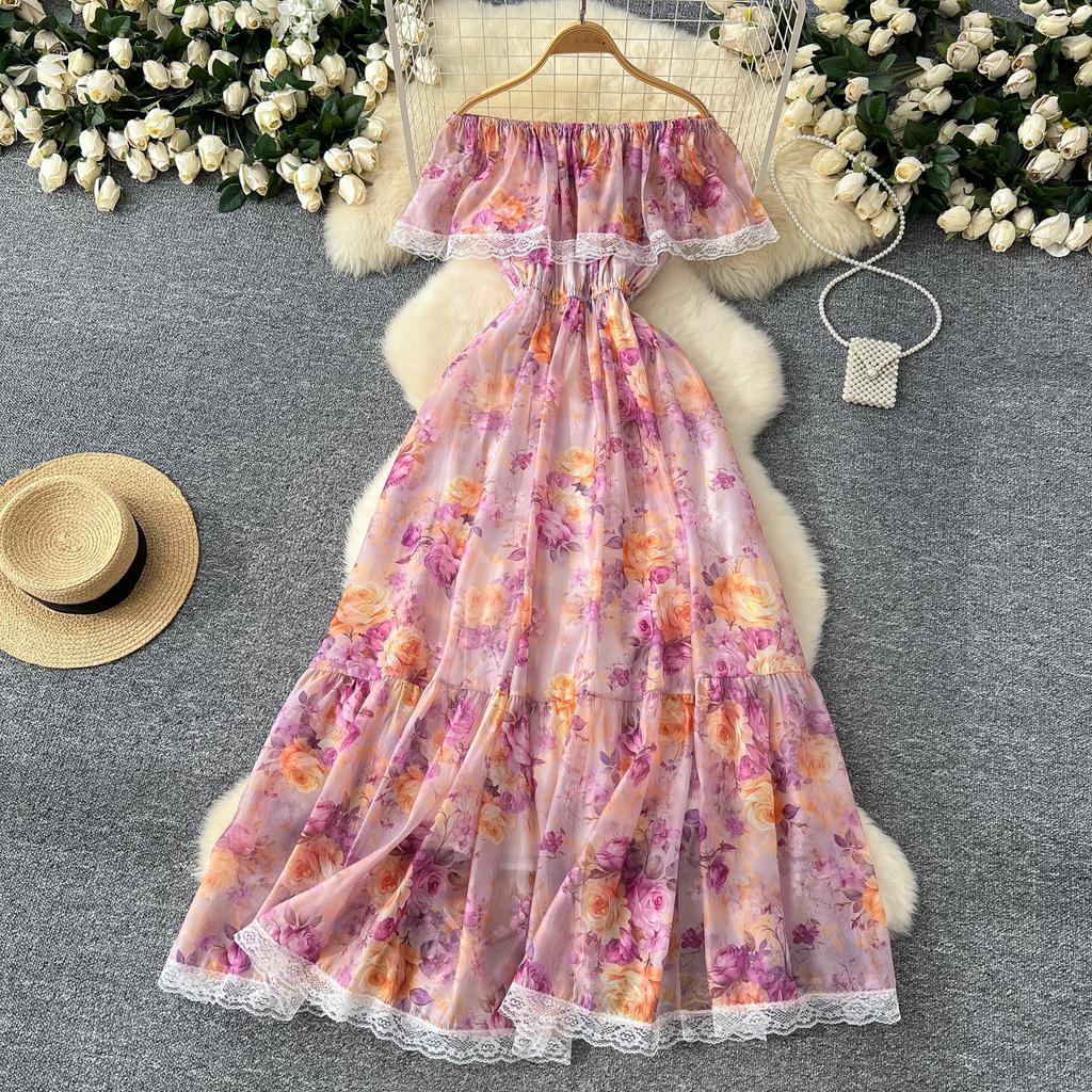 Высококачественное цветочное пляжное макси-платье для женщин с разрезом по горловине, эластичное отпускное шифоновое платье А-силуэта с кружевным принтом, длинный сарафан