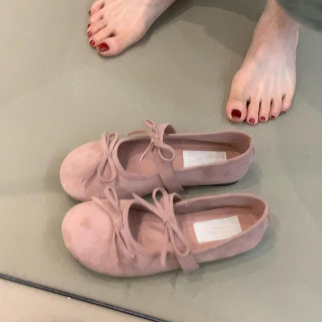 Soft-soled Version~ Gentle Fairy Wind Shallow Mouth Temperament Mary Jane Shoes Women's Bow Round Head Suede Flat-soled Small Single Shoes