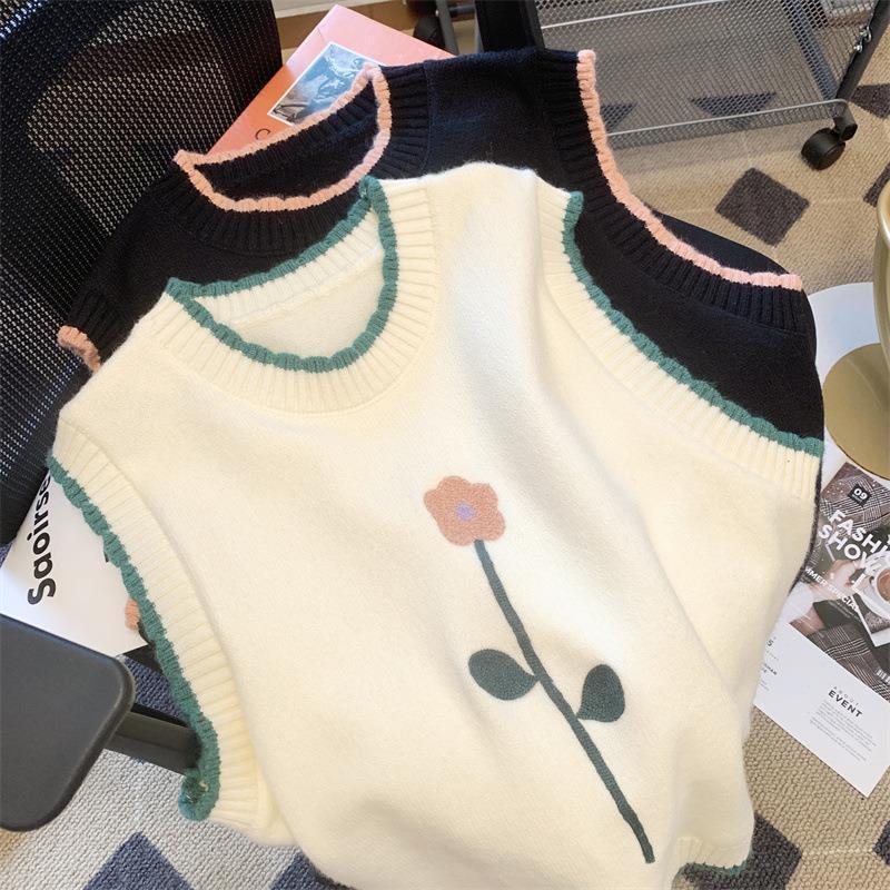 Маленький жилет с вышивкой свежих цветов в стиле ретро для женщин, весна и осень 2023, универсальный свободный вязаный жилет, свитер, пуловер, женский