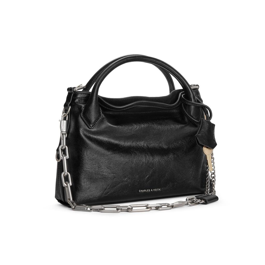 Charles & Keith Mini CK 26 Spring Simple Pleated Chain Kelly Bag Women Handbags Black CK2-30271709