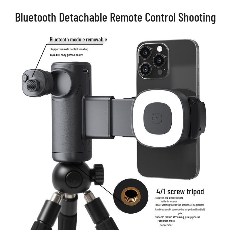 Bluetooth Single-Axis Camera Handle with Fill Light for Horizontal/Vertical Phone Photography & Selfies