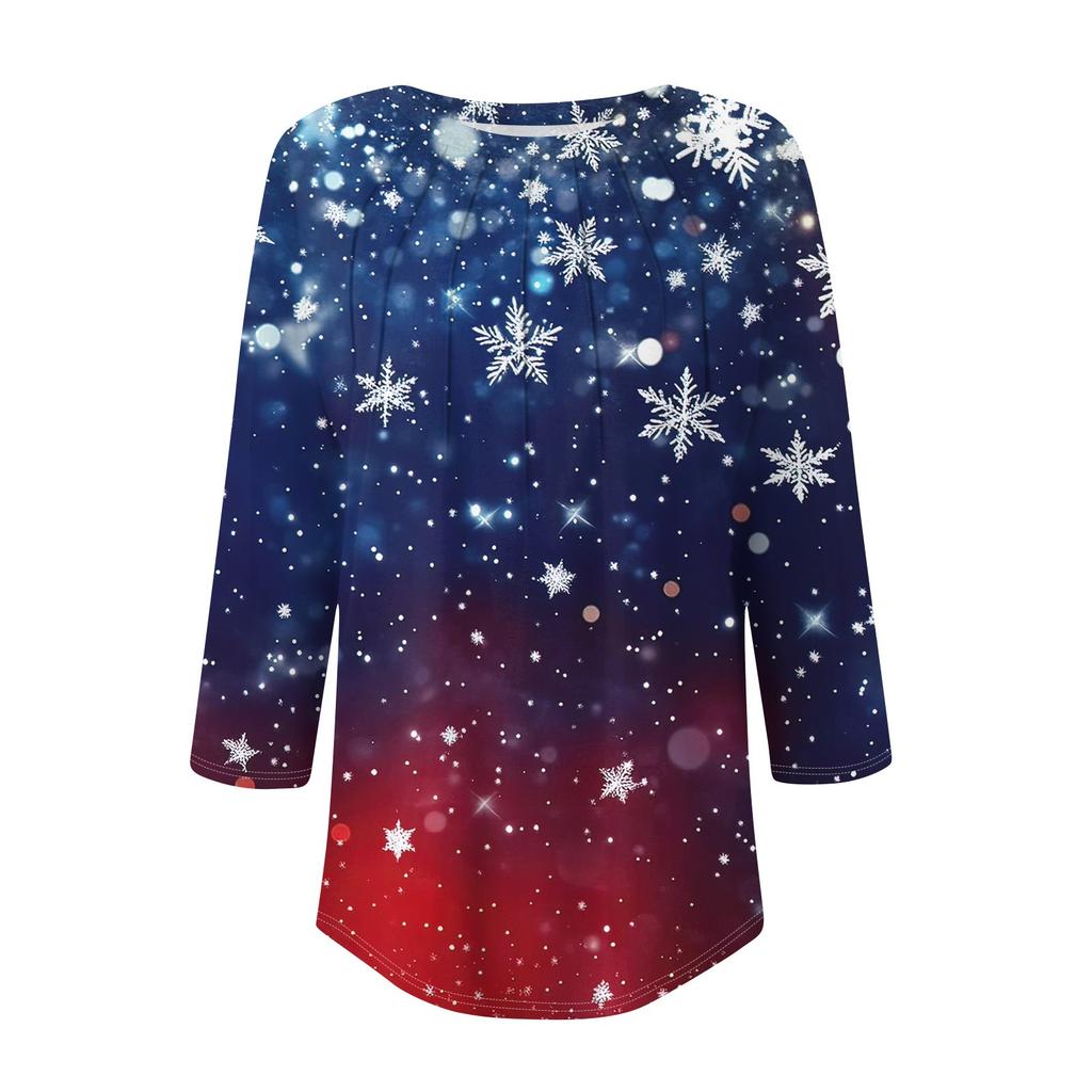 Женская модная футболка с круглым вырезом и рукавом 3/4 с рождественскими принтами, повседневная базовая плиссированная футболка-пуловер