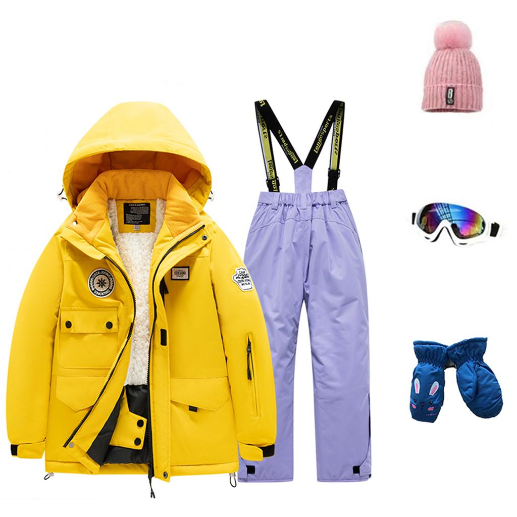 Детский модный лыжный комплект для мальчиков и девочек, утепленный, водонепроницаемый, термобелье, костюм из пяти предметов с курткой и брюками