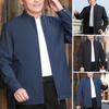 Men Jacket Stand Collar Smooth Solid Color Zipper Closure Cardigan Long Sleeve Mid Length Windproof Pockets Thin Father Coat