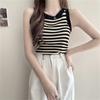 Летняя корейская полосатая трикотажная майка женская с круглым вырезом без рукавов облегающая