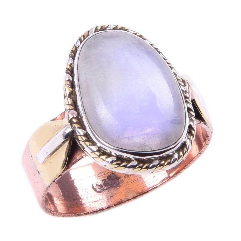 Natural Rainbow Moonstone Gemstone 925 Sterling Silver Two Tone Ring S.10 M6w62