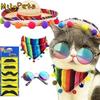 Adjustable Pet Hat Scarf Mexican Style Multicolor Striped Pet Triangle Scarf with Glasses Pet Bibs Decorative Big White Goose