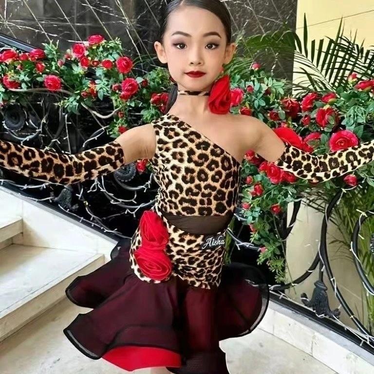 Латинское платье для выступлений с одним плечом, леопардовое платье для латиноамериканских танцев, латинское профессиональное платье для девочек, одежда для сальсы