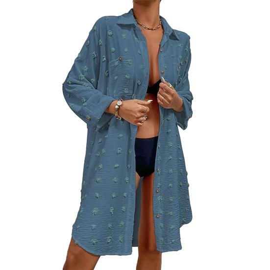 Women Beach Shirt Cover-up Solid Color Long Sleeve Lapel Loose Single-breasted Sun Protection Anti-UV Pockets Soft Lady Cardigan Top
