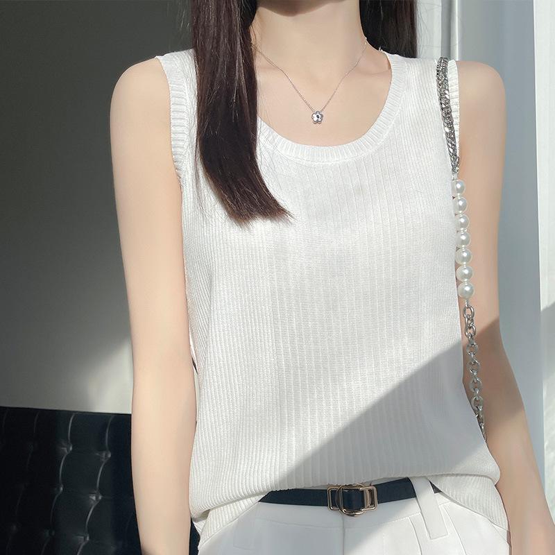 Женская летняя безрукавка из шелкового трикотажа Ice Silk Kint Camisole - Полосатый жилет с круглым вырезом