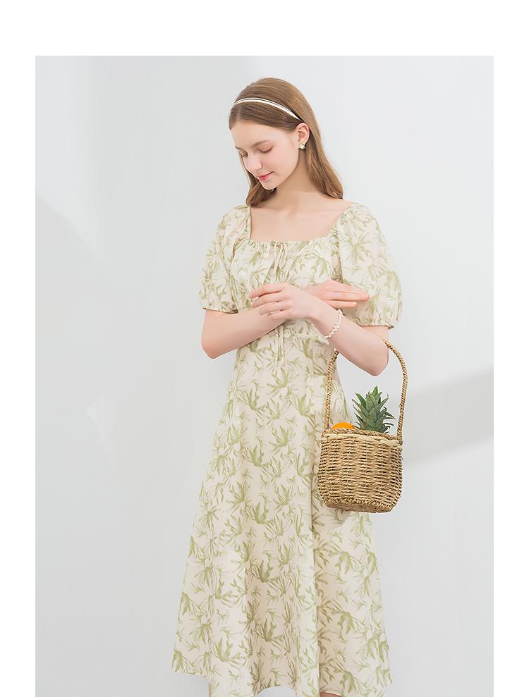 Lagogo French Square Collar Lace Up Temperament Printed Skirt
