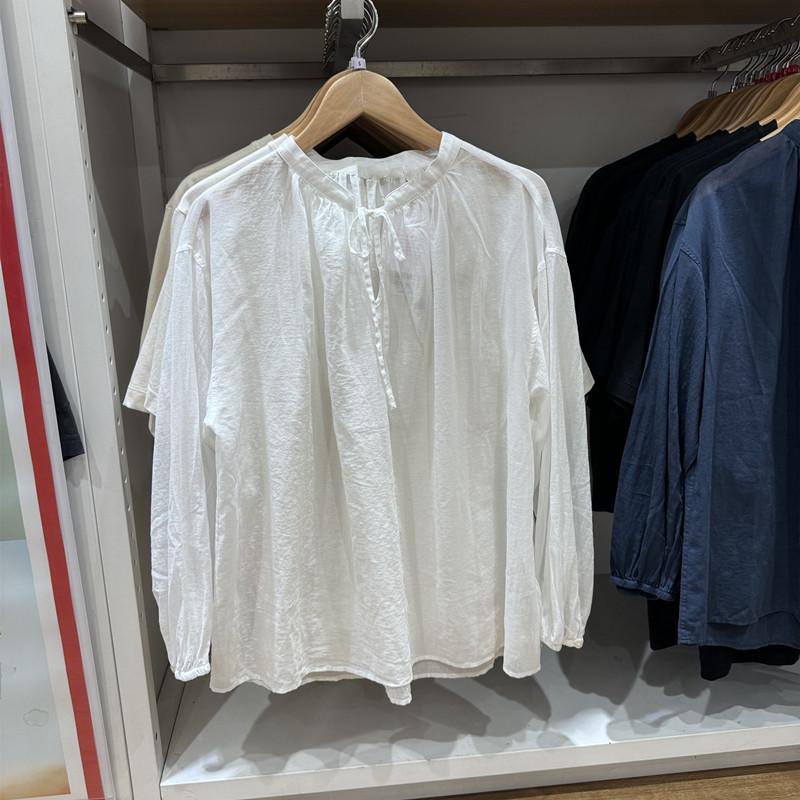 1116 New fashion cotton thin slightly transparent pleated shirt women's summer long-sleeved loose shirt 167111