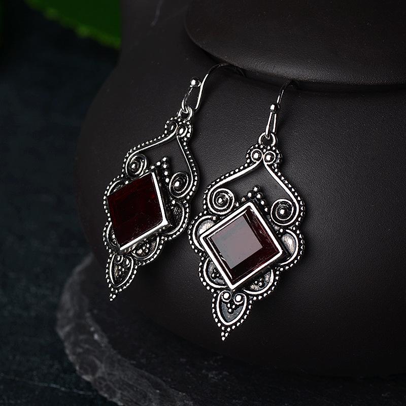 Zhenrong Retro Ruby & Zircon Square Earrings - European & American Style S925 Thai Silver Plated