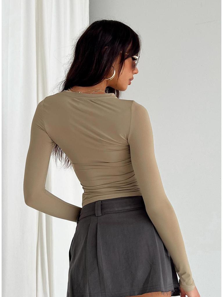 2023 Женская футболка с длинным рукавом, приталенная, нестандартная, однотонная, с круглым вырезом