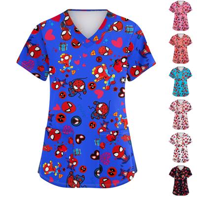 Женская мода с v-образным вырезом, короткими рукавами и карманами, топы с принтом