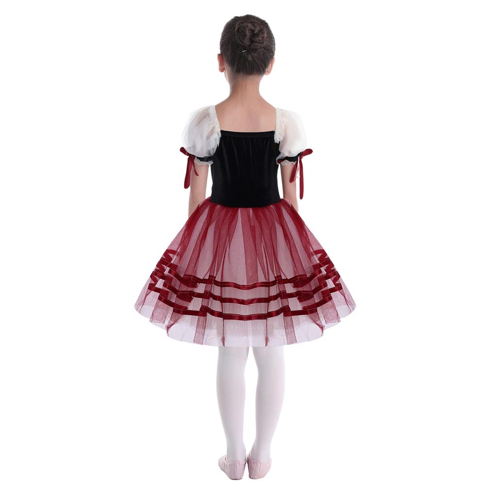Girls Puff Sleeve Layered Tutu Dress Lace Trim Velvet Bodice Lace Up Back Ballet Costume