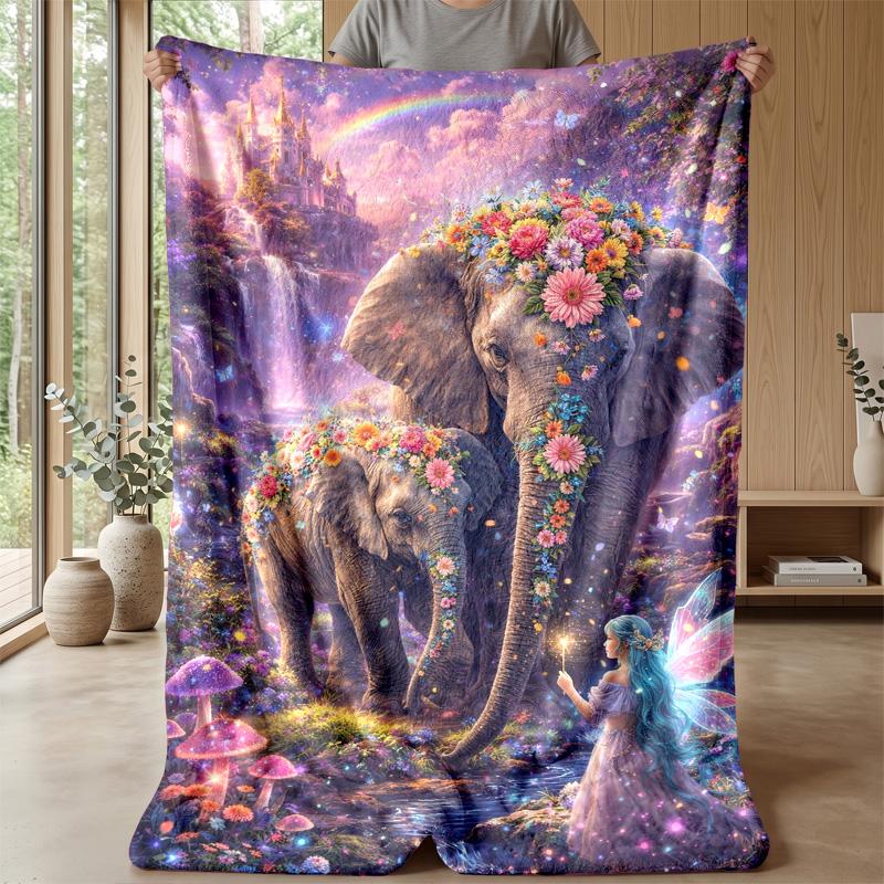 Fairy and Floral Elephants Theme blanket Lightweight Warm Flannel Blanket Decorative Throw Blanket for Home Decoration