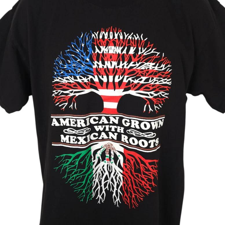 American Grown With Mexican Roots 100% Cotton T-shirt Mens Tees Top Mens Size Large Black Flags