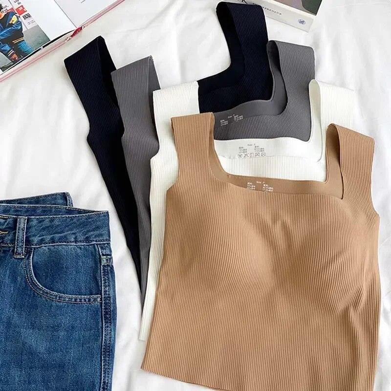 Новый камзол с широкими плечами и квадратным вырезом, красивый жилет с резьбой сзади, женский бесшовный цельный повседневный однотонный топ с фиксированной чашкой