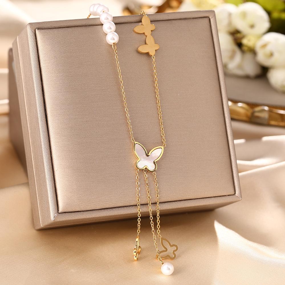 Korean Butterfly Tassel Luxury Diamond Titanium Steel Necklace - Women's Versatile Clavicle Jewelry