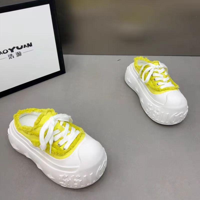 Повседневная парусиновая спортивная обувь Женские шлепанцы на толстой подошве и высоком каблуке для улицы Резиновая подошва Корейский стиль Плоские сандалии