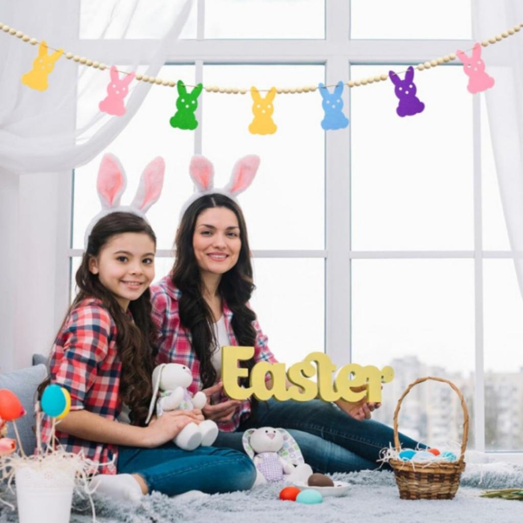 2 шт. пасхальная гирлянда с бисером в виде кролика с разноцветными подвесками в форме кролика, разделенными деревянными бусинами, для весеннего тематического празднования Пасхи