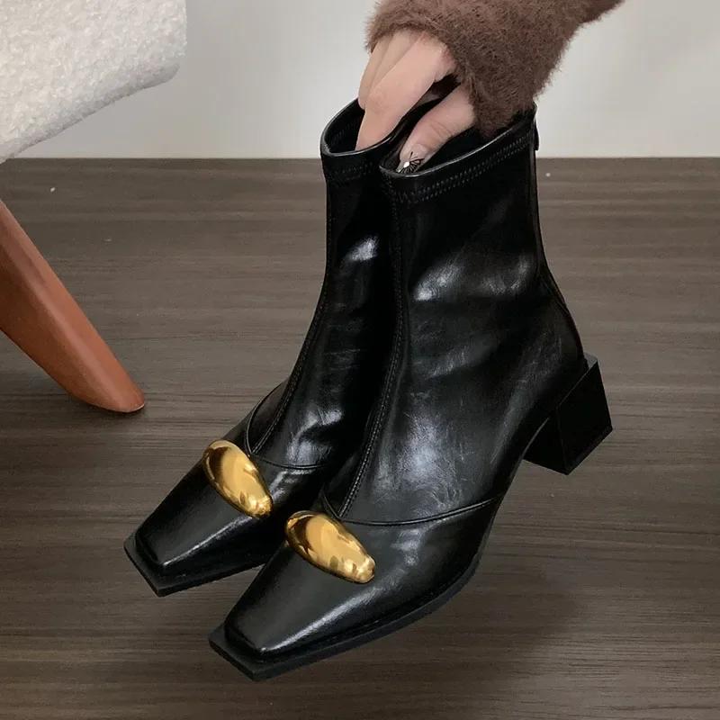 Мода Новая Обувь Дизайнер Металл Женские Эластичные Ботильоны Мода Молнии Обувь Квадратные Каблуки Дамские Современные Короткие Ботильоны Обувь