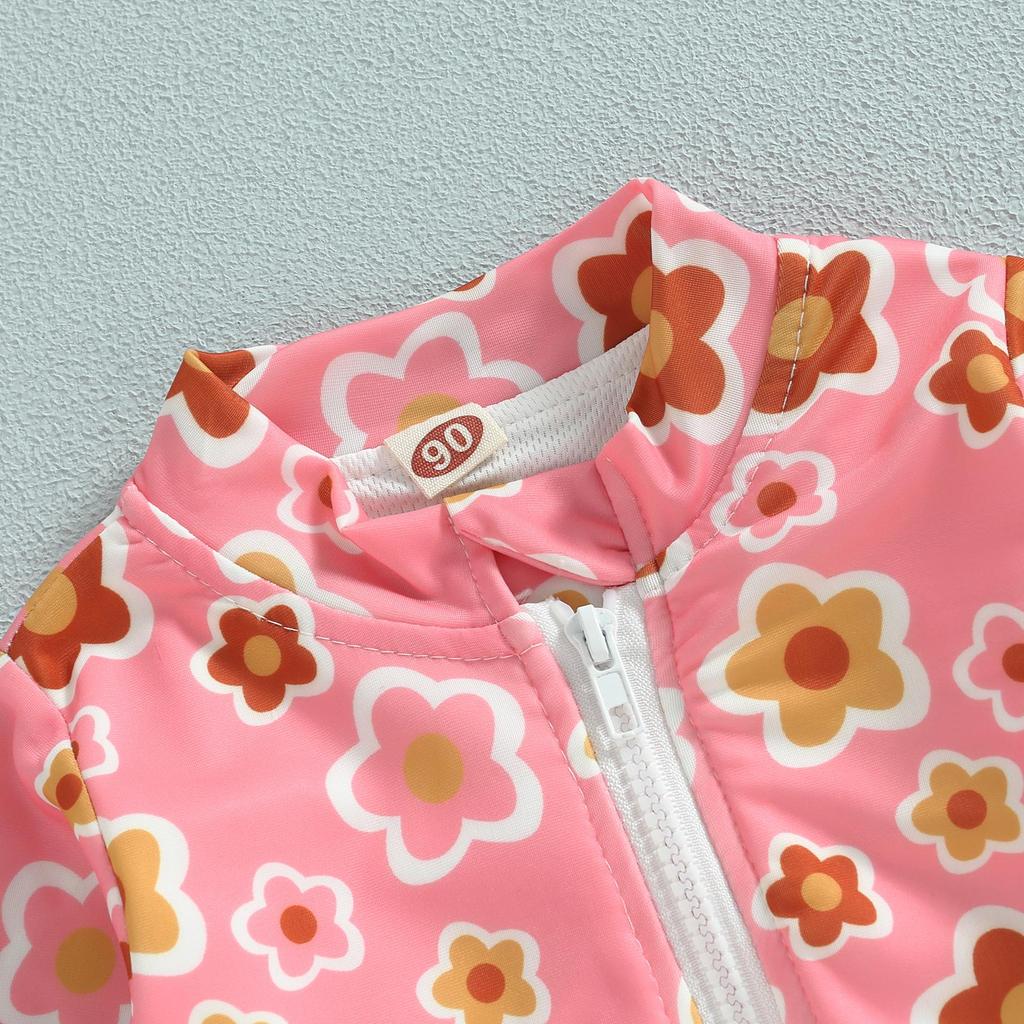 Детские купальники для маленьких девочек, 12 месяцев, 18 месяцев, 24 месяца, 3 года, 4 года, 5 лет, летние комбинезоны с длинными рукавами и оборками на молнии с цветочным принтом, купальники, пляжная одежда, купальные костюмы