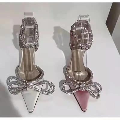 Женская обувь 2025 Новые женские туфли на высоком каблуке больших размеров Элегантные свадебные туфли Обернутый ремешок с хрустальным бантом Шпилька Заостренный носок Сандалии