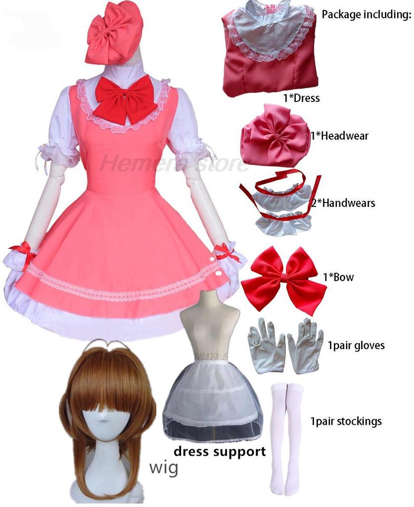 Anime Girls Pink Carcaptor Sakura Princess Dress Cosplay Costume Lolita Dress For Card Combat Uniform Apron Dress with Hat