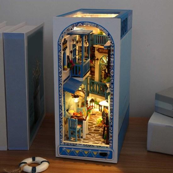 Mini Book House DIY Wooden Book Nook Shelf Insert Miniature Building Kits Good Detail Bookshelf Assembly Bookend Adults Birthday Gifts