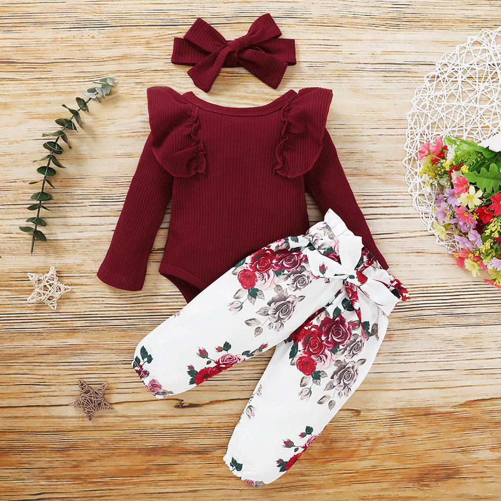 Toddler Baby Girls Long Sleeve Ruffles Romper Bodysuit+Floral Pants Outfits