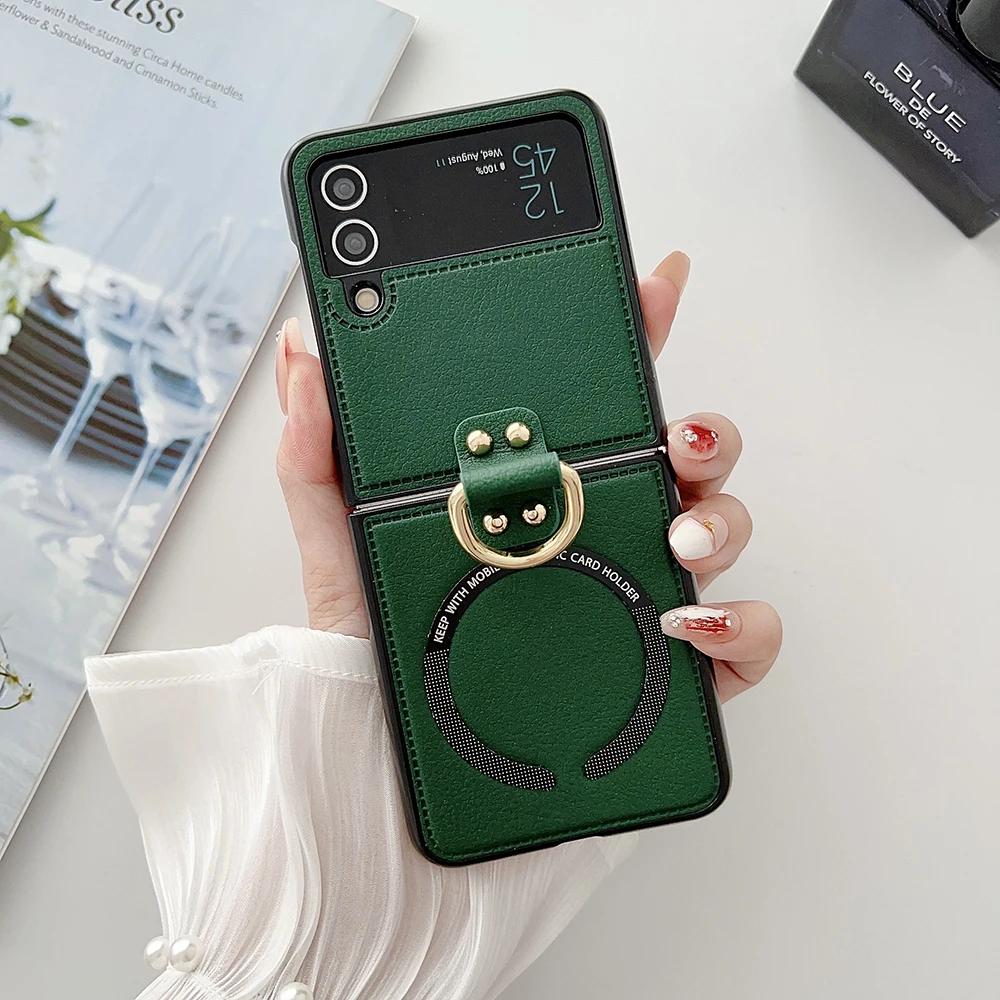 Чехол для телефона из ПУ кожи для Samsung Galaxy Z Flip 7 FE 6 5 4 3 Чехол с держателем-кольцом для Magsafe Магнитная беспроводная зарядка Flip6