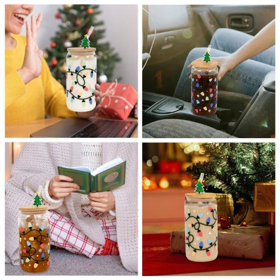 Color Changing Christmas Glass Cup with Lid Straw Brush Reusable Glass Iced Coffee Cup