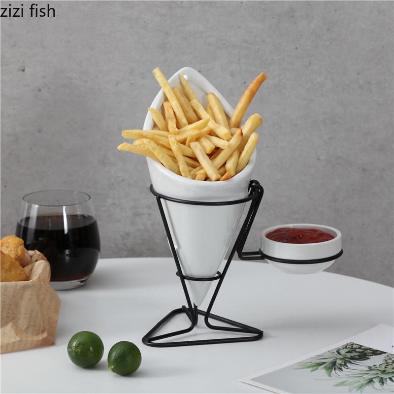Ceramic French Fry Rack Set Iron Hanging Rack Snack Bowl Display Rack Cone-shaped Cake Dessert Plate Sauce Dish Tasting Plate